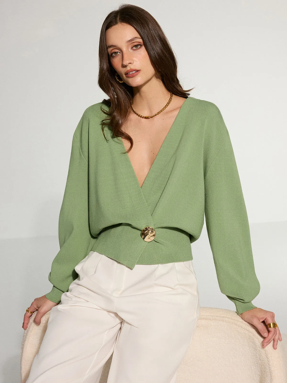 Metal Decor Waisted Knitted Wrap Cardigan sold by COMMENSE product image thumbnail 3