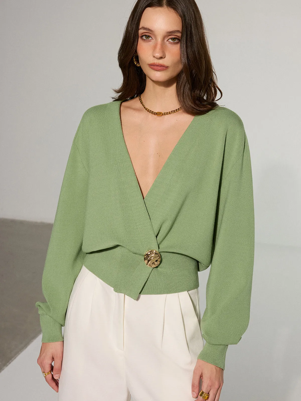 Metal Decor Waisted Knitted Wrap Cardigan sold by COMMENSE product image thumbnail 4