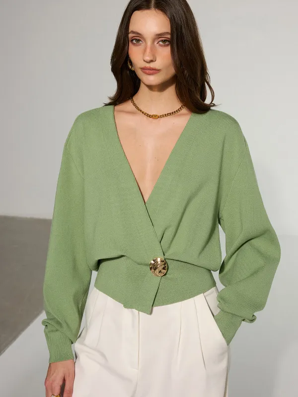 Metal Decor Waisted Knitted Wrap Cardigan sold by COMMENSE