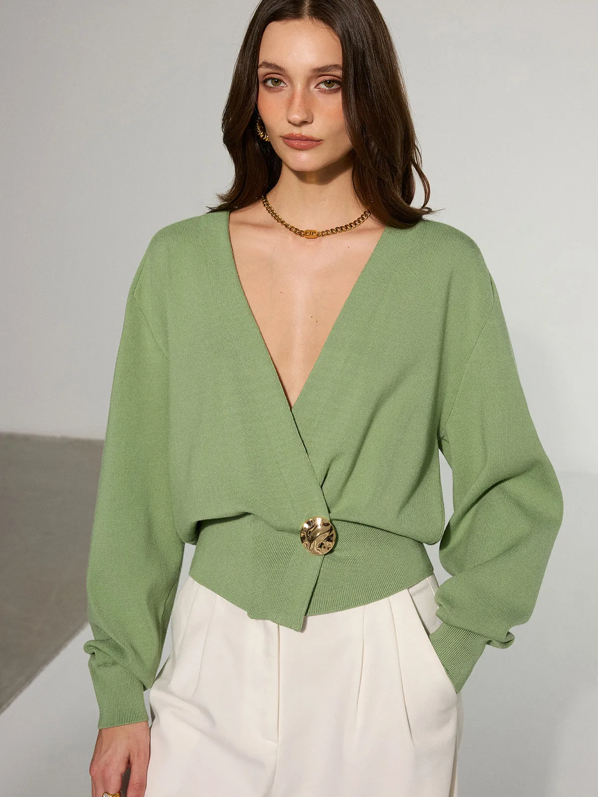 Metal Decor Waisted Knitted Wrap Cardigan sold by COMMENSE