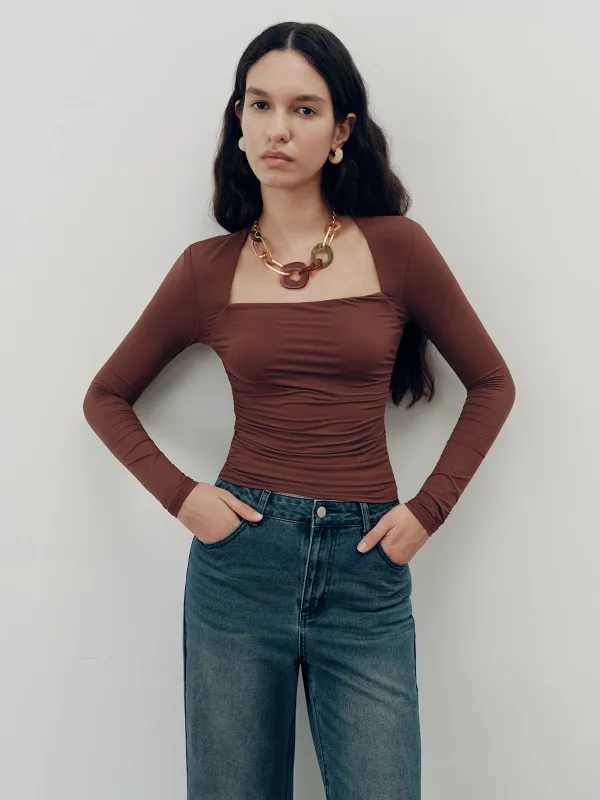 Square-Neck Ruched Long Sleeve Top sold by COMMENSE