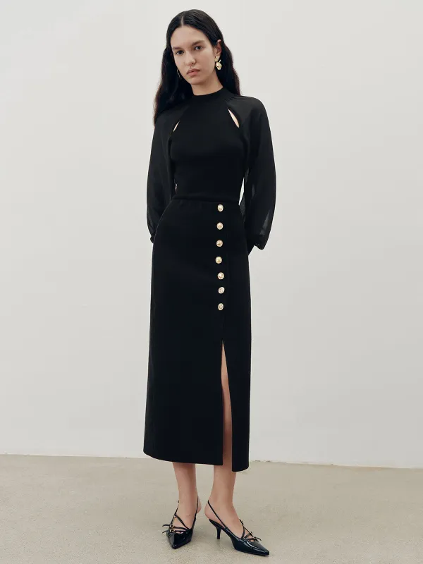 Metal Button Slit Maxi Skirt sold by COMMENSE
