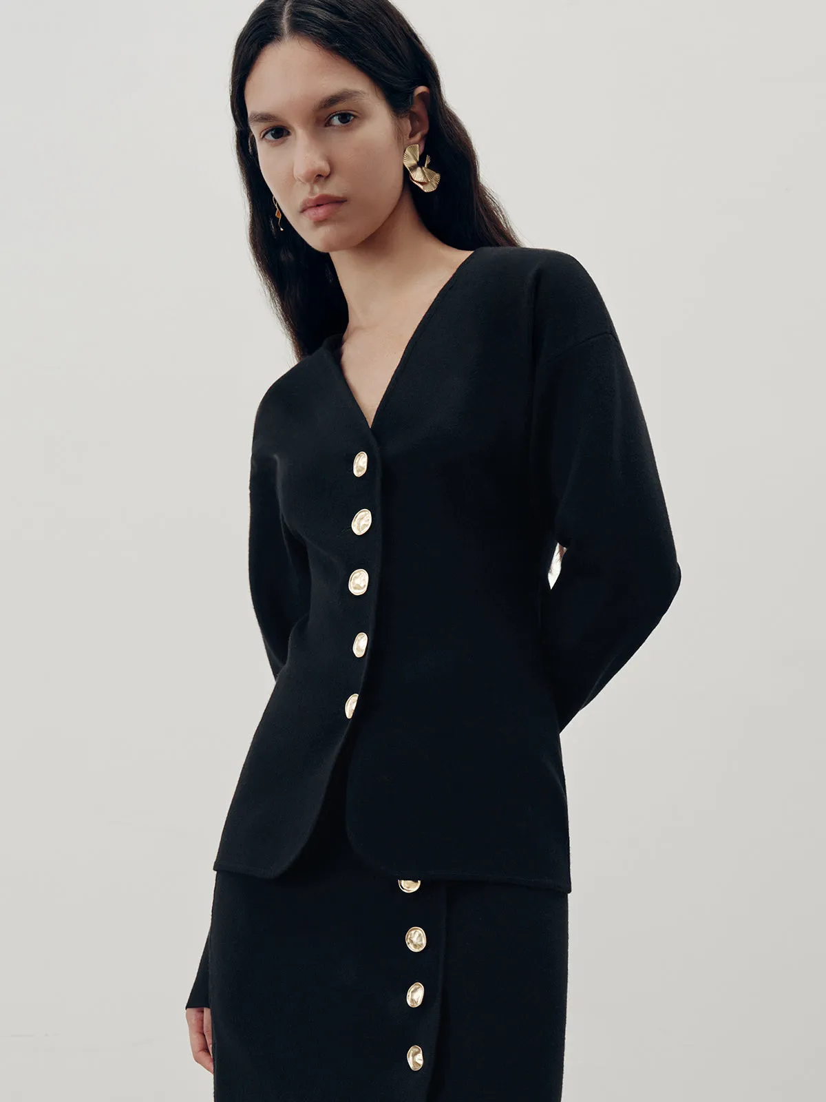 Metal Button V-Neck Cardigan sold by COMMENSE