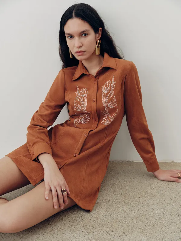 Suede Effect Floral Embroidery Shirt Dress made by COMMENSE