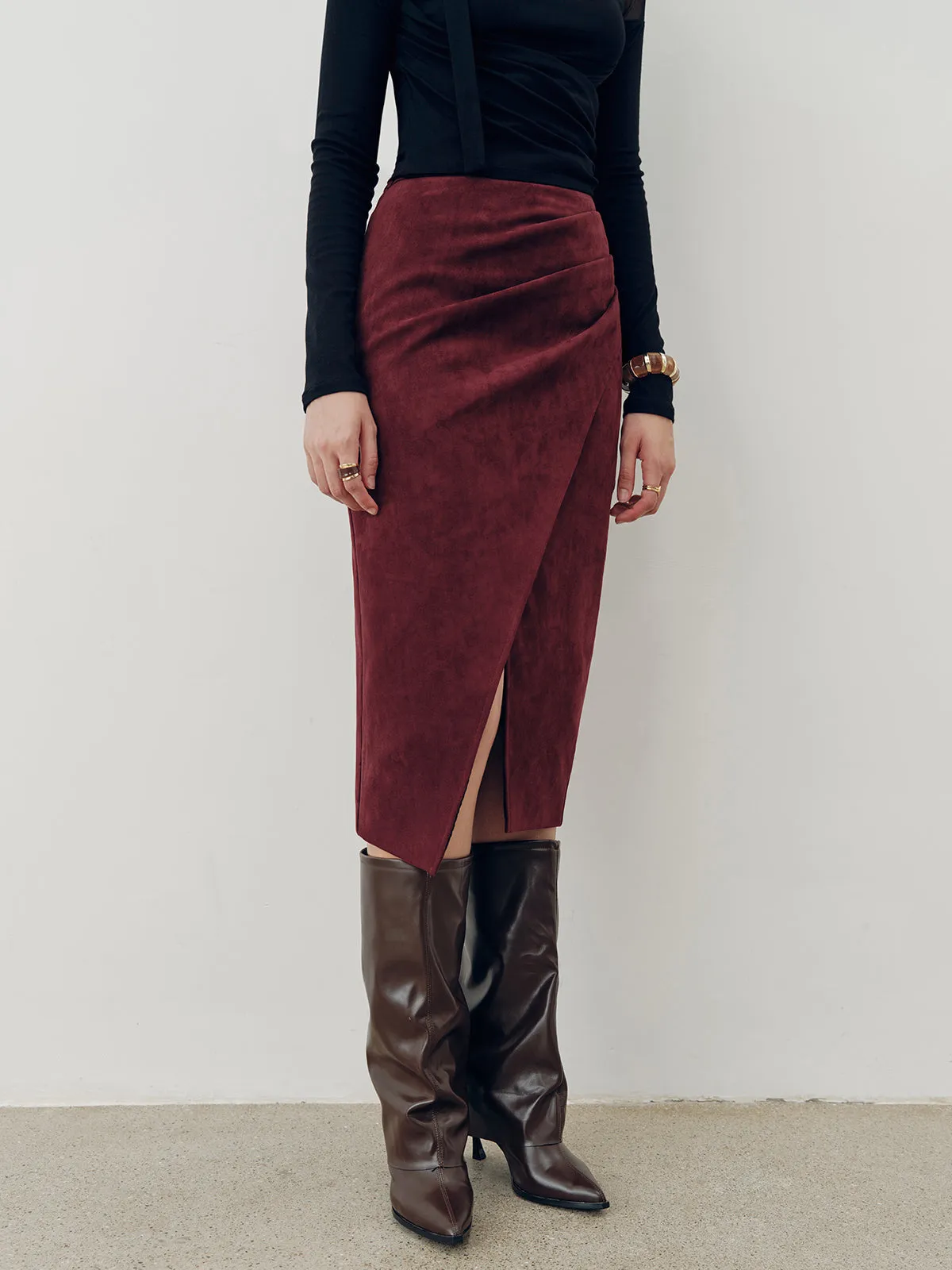 Suede Effect Pleated Slit Midi Skirt sold by COMMENSE product image thumbnail 3