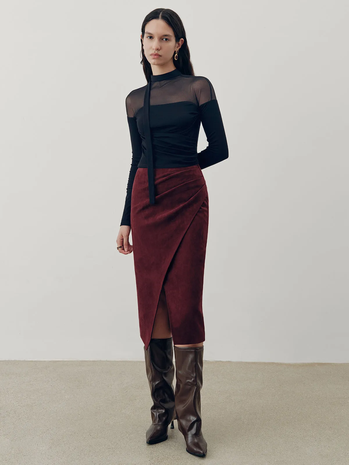 Suede Effect Pleated Slit Midi Skirt sold by COMMENSE product image thumbnail 4