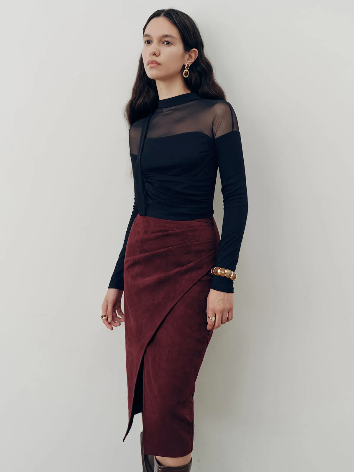 Suede Effect Pleated Slit Midi Skirt sold by COMMENSE product image thumbnail 2
