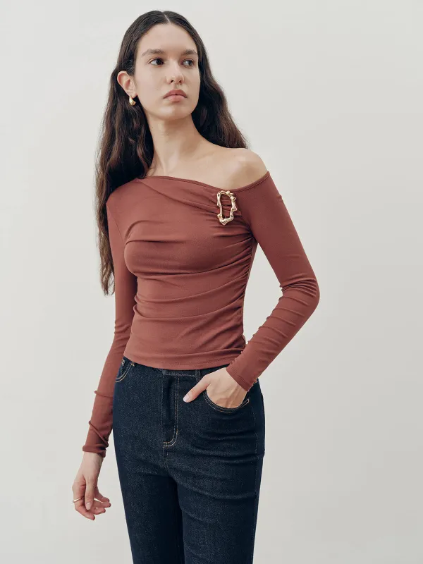 Off-Shoulder Fitted Ruched Long Sleeve Top sold by COMMENSE