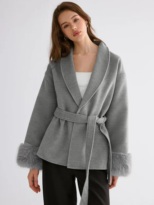 Faux Fur Cuff Belted Coat sold by COMMENSE