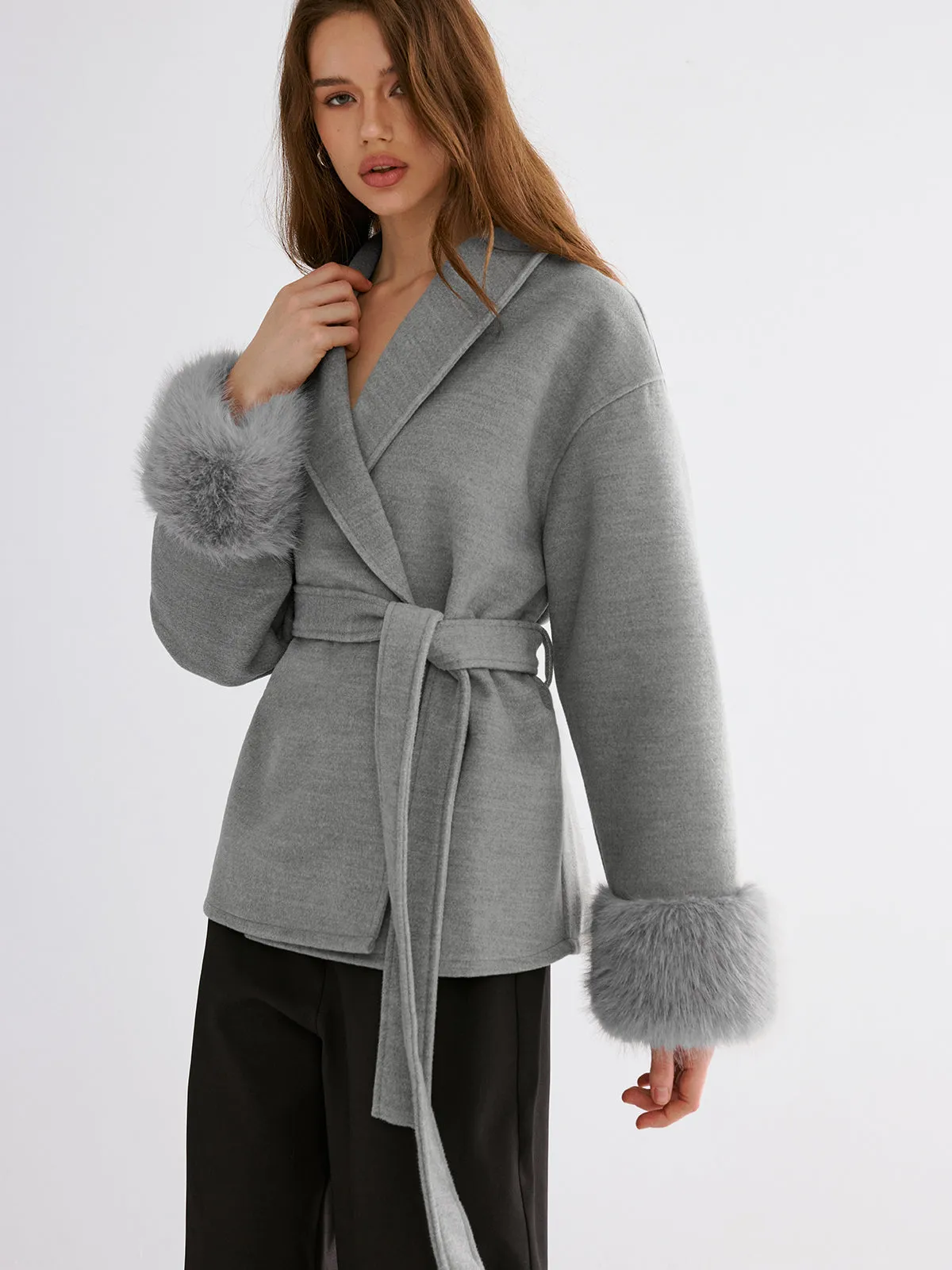 Faux Fur Cuff Belted Coat sold by COMMENSE product image thumbnail 4