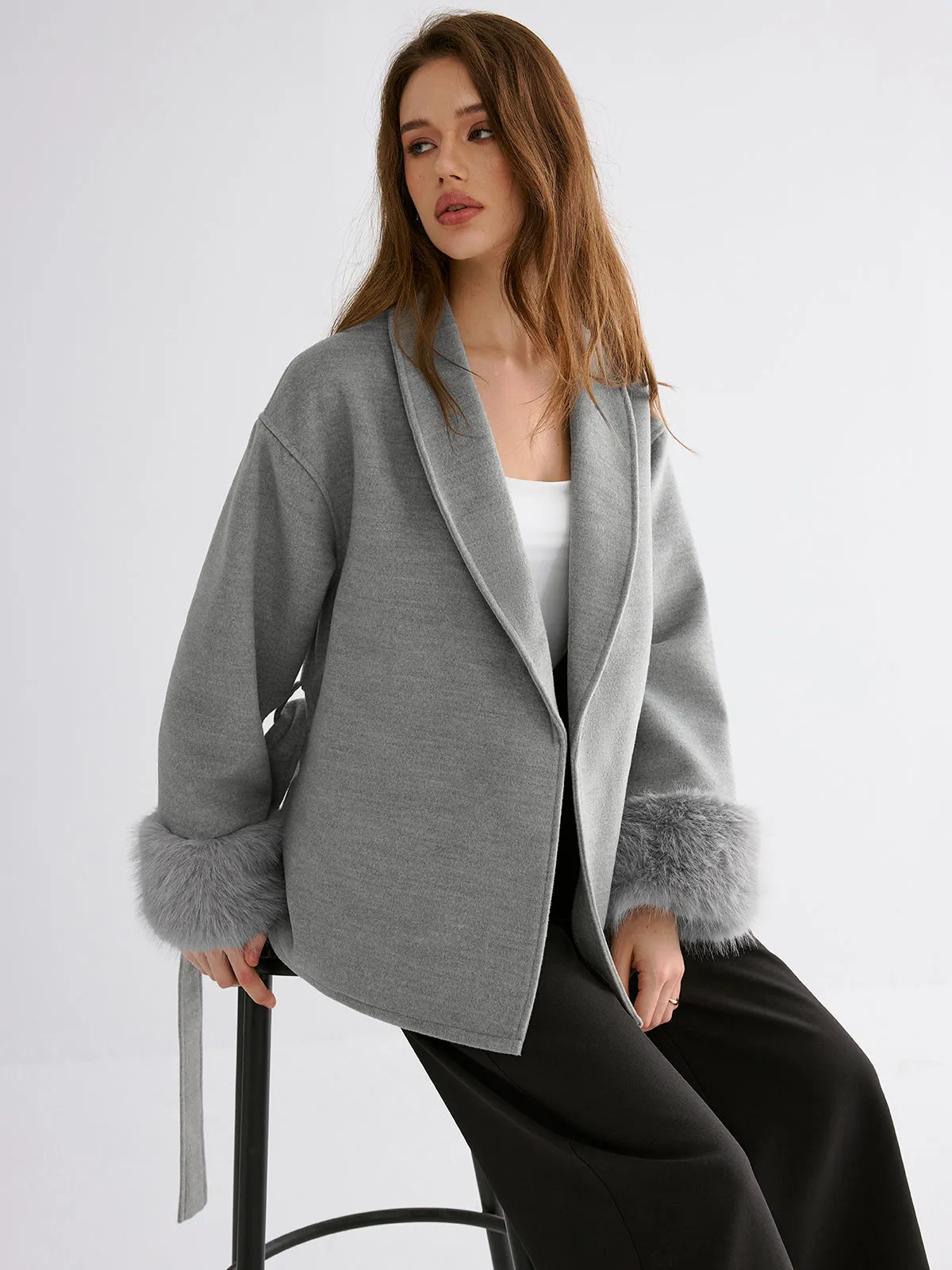 Faux Fur Cuff Belted Coat sold by COMMENSE product image thumbnail 3