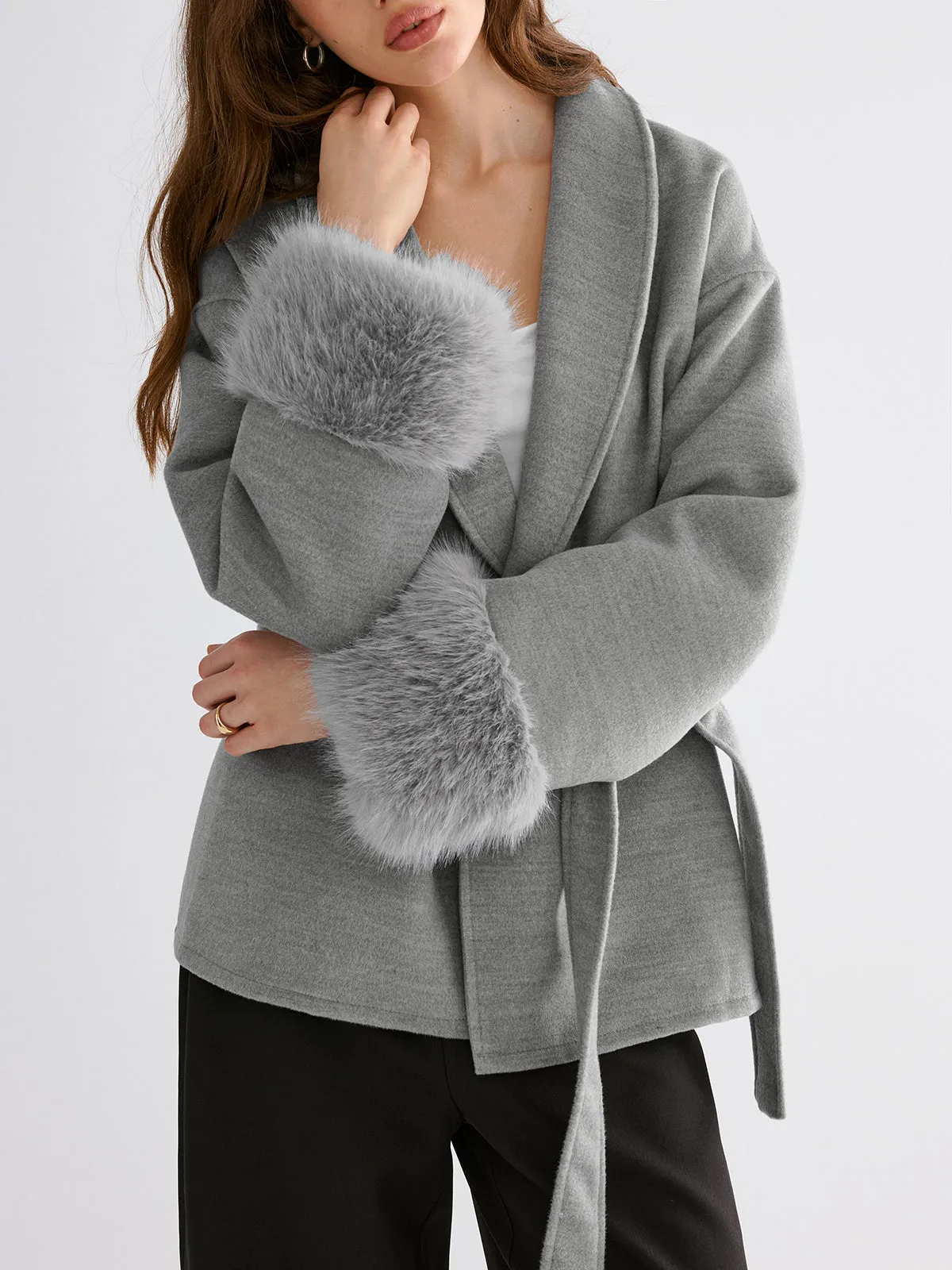 Faux Fur Cuff Belted Coat sold by COMMENSE product image thumbnail 2