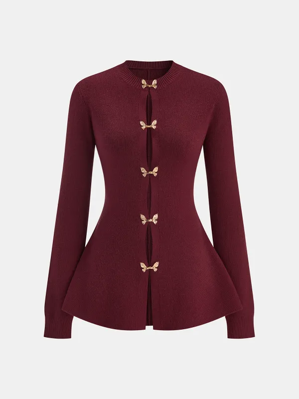 Bow Buckle Peplum Knit Cardigan sold by COMMENSE