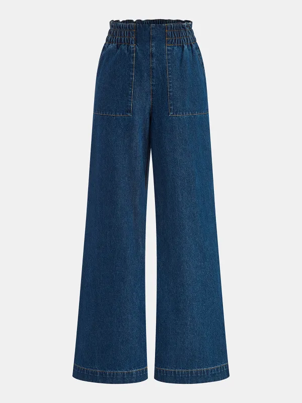 Elastic Waistband Denim Wide-Leg Pants sold by COMMENSE