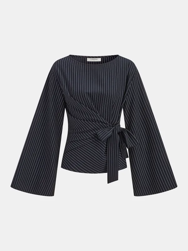 Flared Sleeve Pinstripe Wrap Blouse sold by COMMENSE