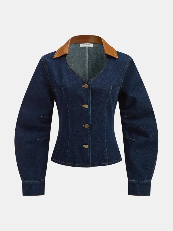 Curved Sleeve Contrast Collar Denim Jacket sold by COMMENSE
