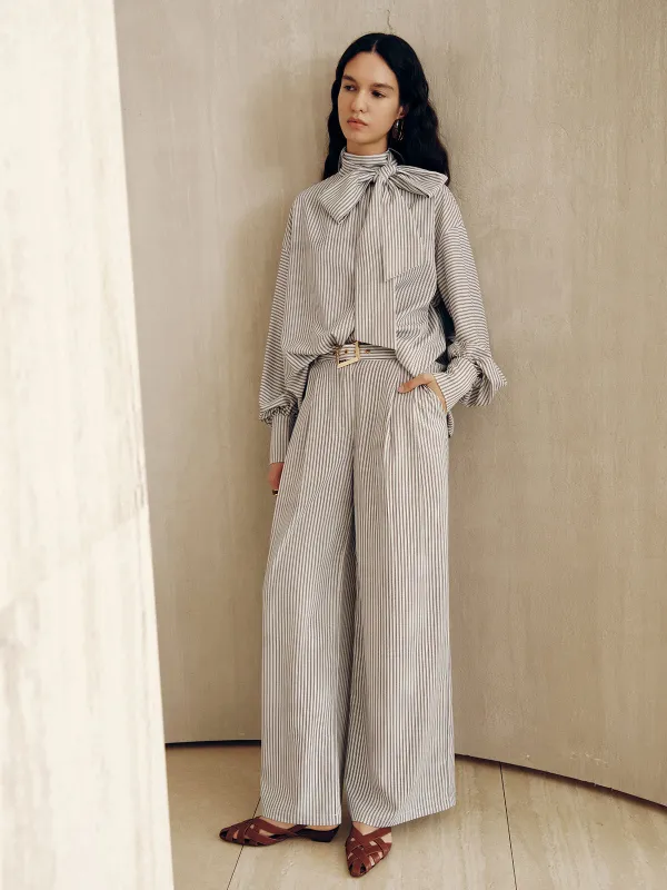Belted Striped High-Waisted Wide-Leg Pants sold by COMMENSE