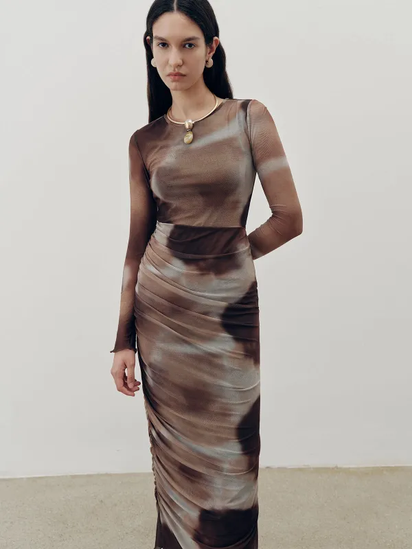 Tie-Dye Ruched Mesh Maxi Dress sold by COMMENSE