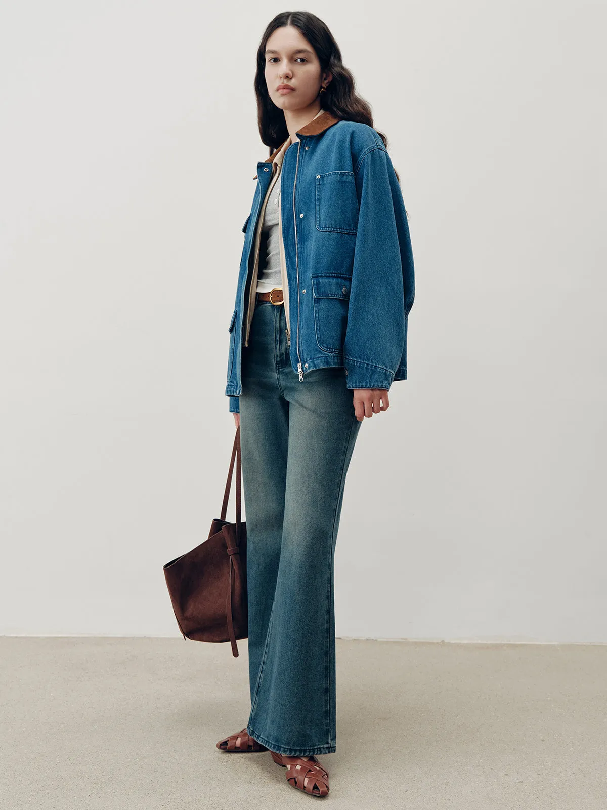 Suede Collar Zip-Front Denim Jacket sold by COMMENSE product image thumbnail 2