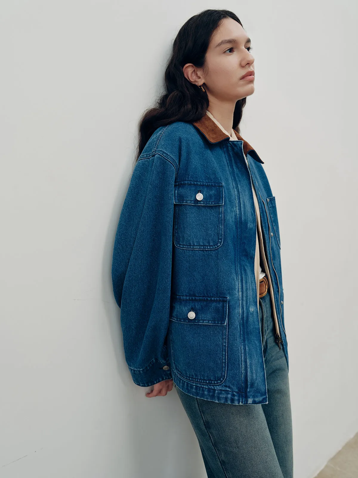 Suede Collar Zip-Front Denim Jacket sold by COMMENSE product image thumbnail 5