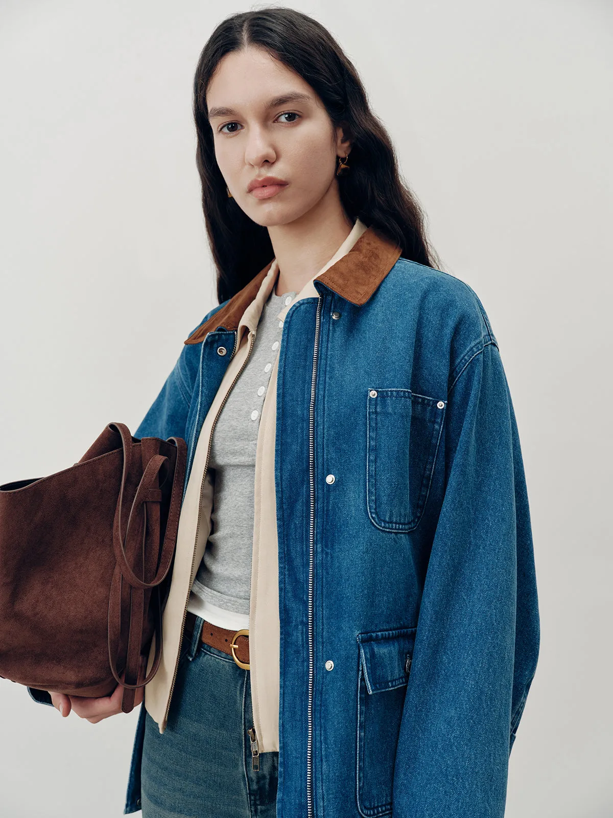 Suede Collar Zip-Front Denim Jacket sold by COMMENSE product image thumbnail 3