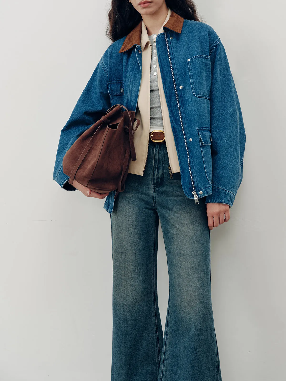Suede Collar Zip-Front Denim Jacket sold by COMMENSE product image thumbnail 4