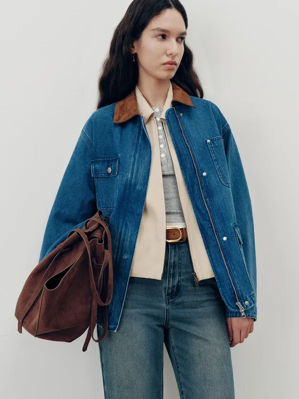 Suede Collar Zip-Front Denim Jacket sold by COMMENSE