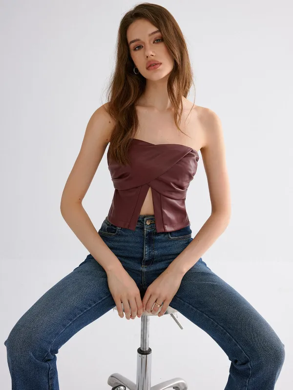 PU Strapless Criss-Cross Crop Top sold by COMMENSE