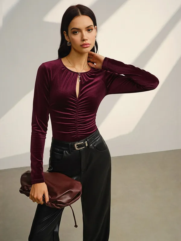 Velvet Ruched Long-Sleeve Bodysuit sold by COMMENSE