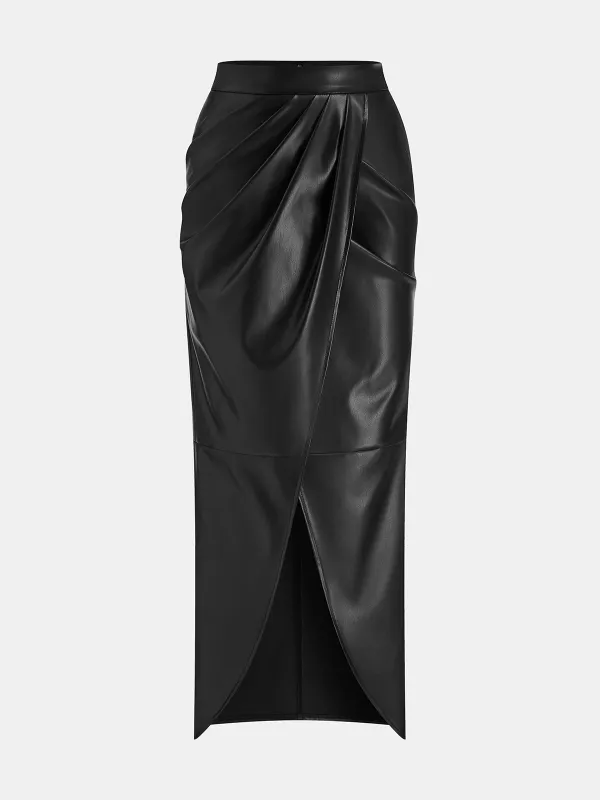 Slit Pleated Fitted PU Midi Skirt sold by COMMENSE