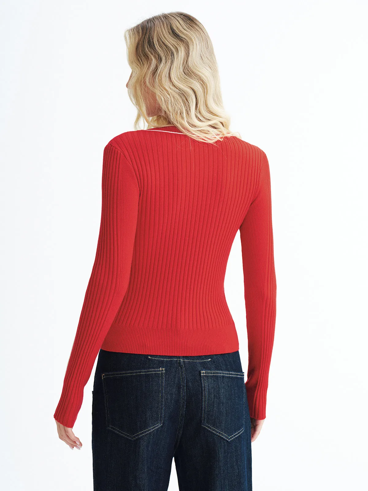 Contrast Trim Wool-Blend Ribbed Knit Sweater sold by COMMENSE product image thumbnail 5