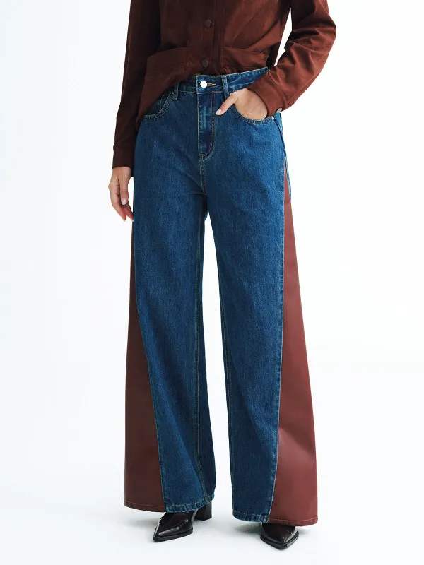 Contrast Panel Mid-Waist Denim Wide-Leg Jeans sold by COMMENSE