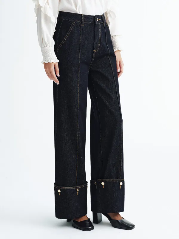 Mid-Waist Denim Cuffed Jeans sold by COMMENSE