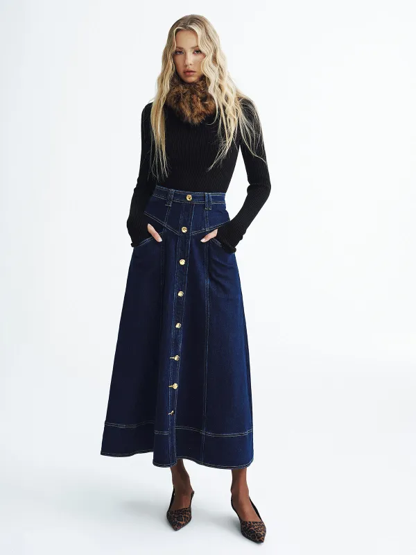 Metal Button Denim Midi Skirt sold by COMMENSE
