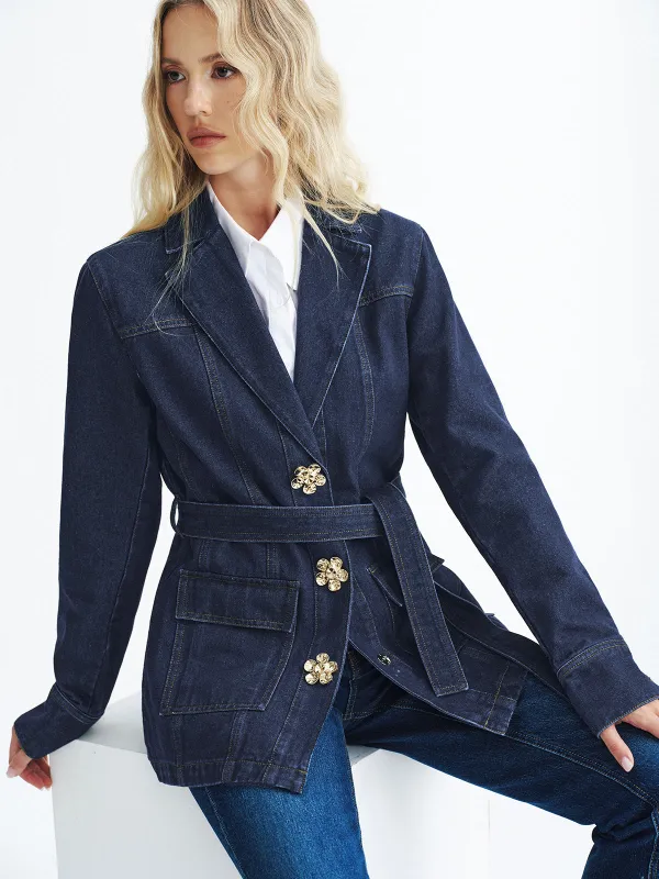 Metal Floral Denim Belted Jacket sold by COMMENSE