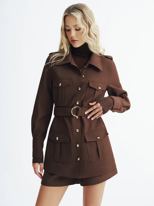 Collared Belted Utility Trench Coat sold by COMMENSE
