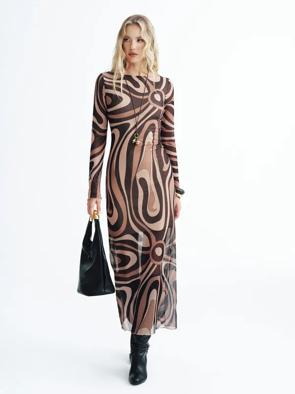 Abstract Print Mesh Maxi Dress sold by COMMENSE