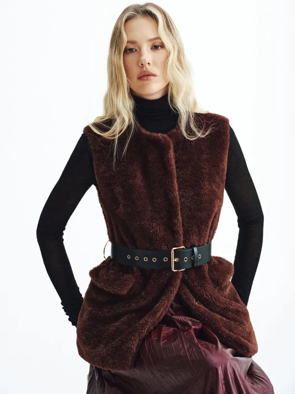 Faux Fur Belted Vest sold by COMMENSE