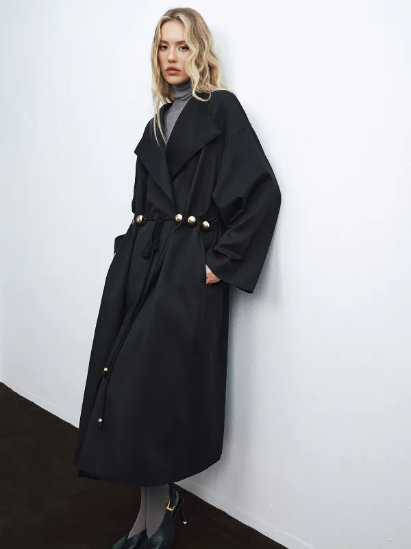 Metal Detail Tie-Belt Oversized Long Trench Coat sold by COMMENSE