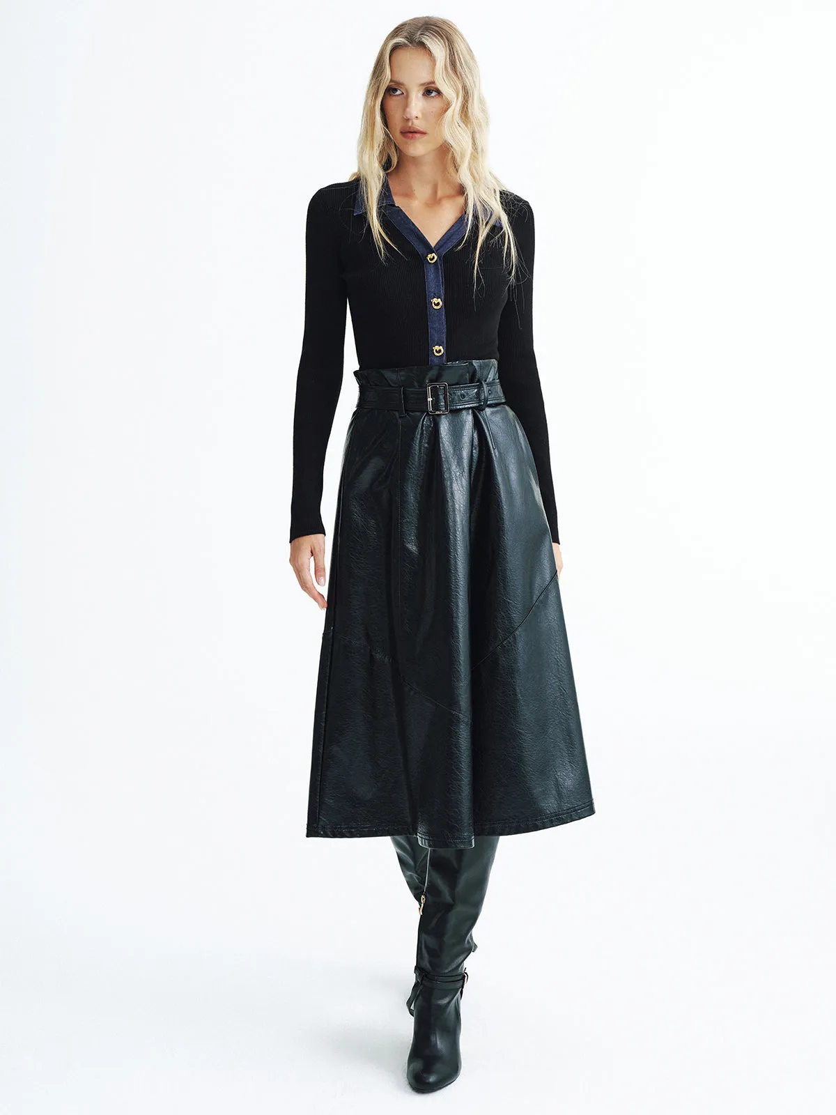 Denim Panel Ribbed Knit Cardigan sold by COMMENSE product image thumbnail 3