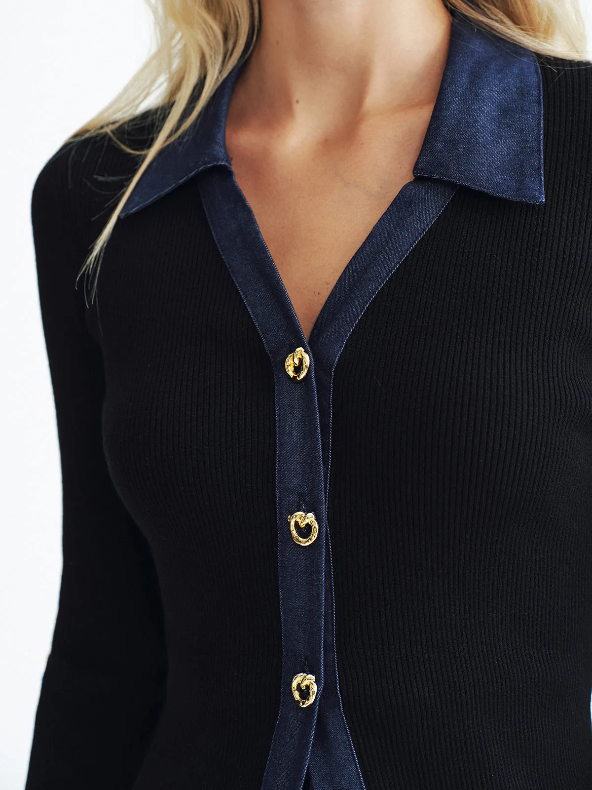 Denim Panel Ribbed Knit Cardigan sold by COMMENSE product image thumbnail 5