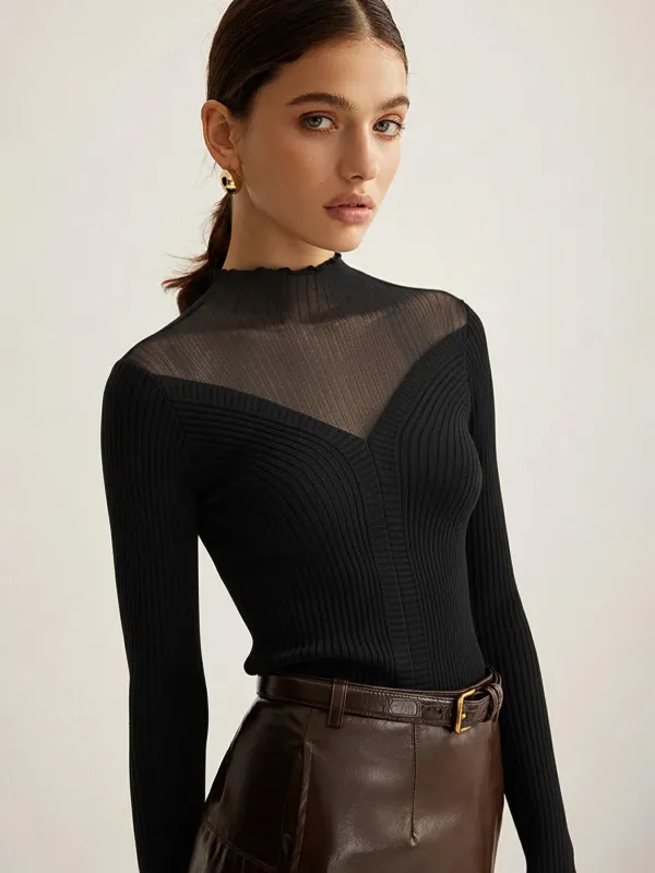 Mesh Panel Wool Blend Mock Neck Top sold by COMMENSE