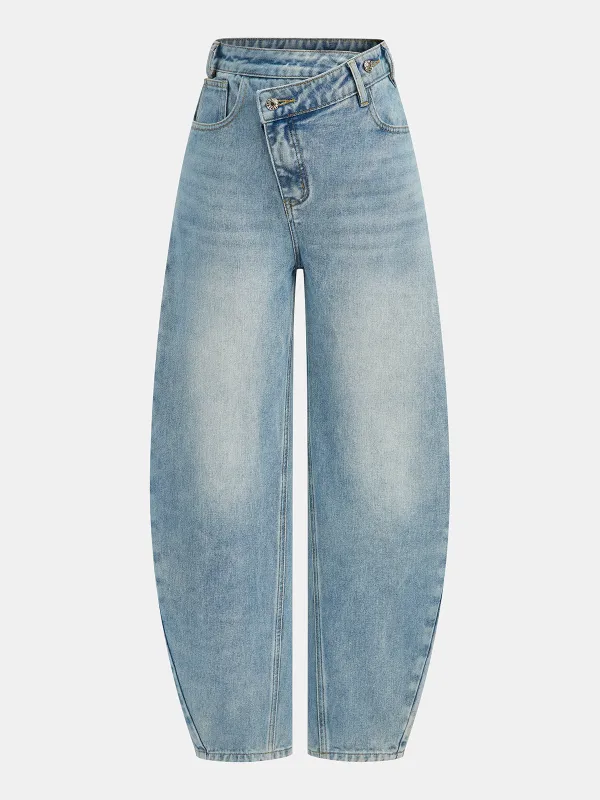 High-Waist Denim Asymmetric Curved-Leg Jeans sold by COMMENSE