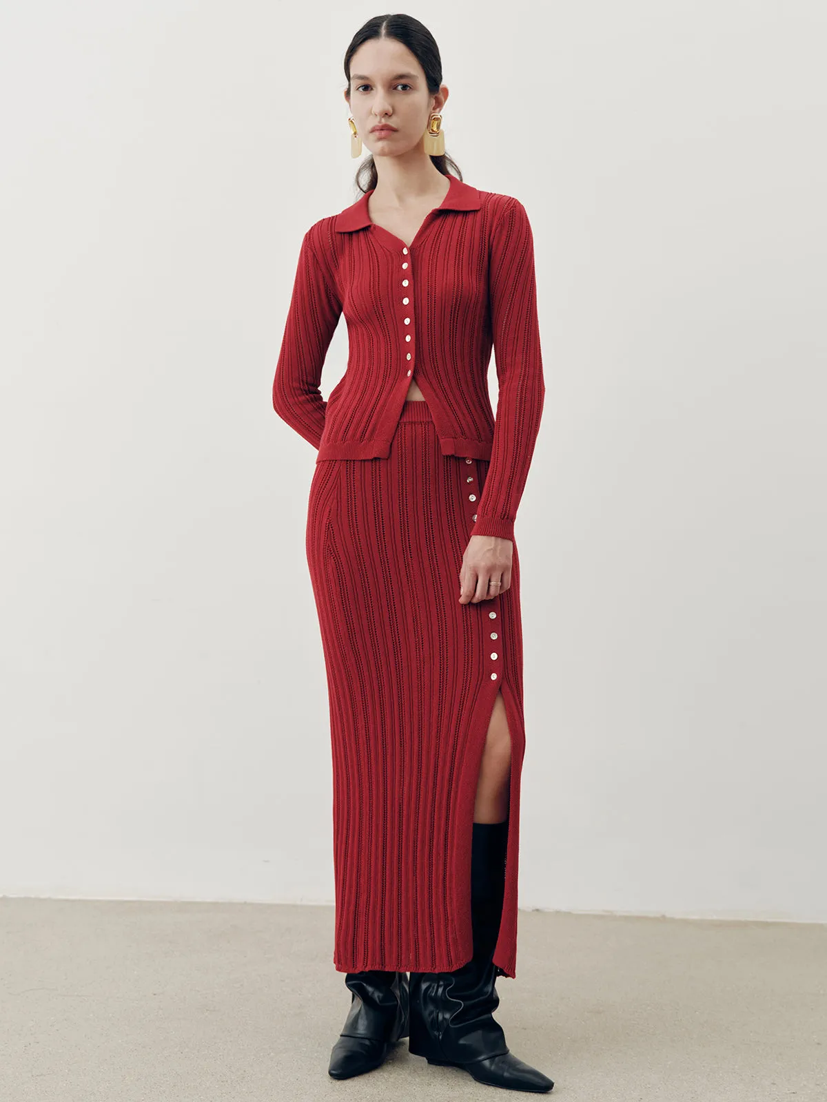 Collared Knit Top and Slit Skirt Set sold by COMMENSE product image thumbnail 4