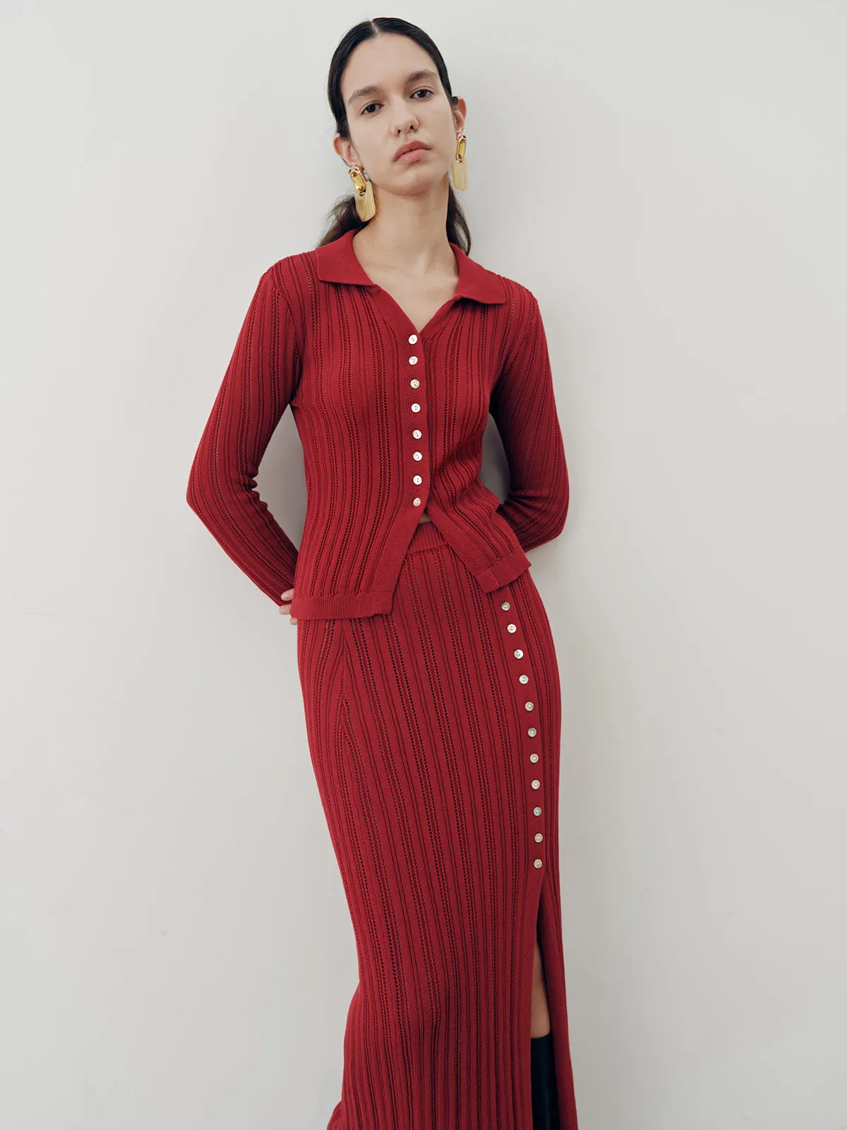 Collared Knit Top and Slit Skirt Set sold by COMMENSE