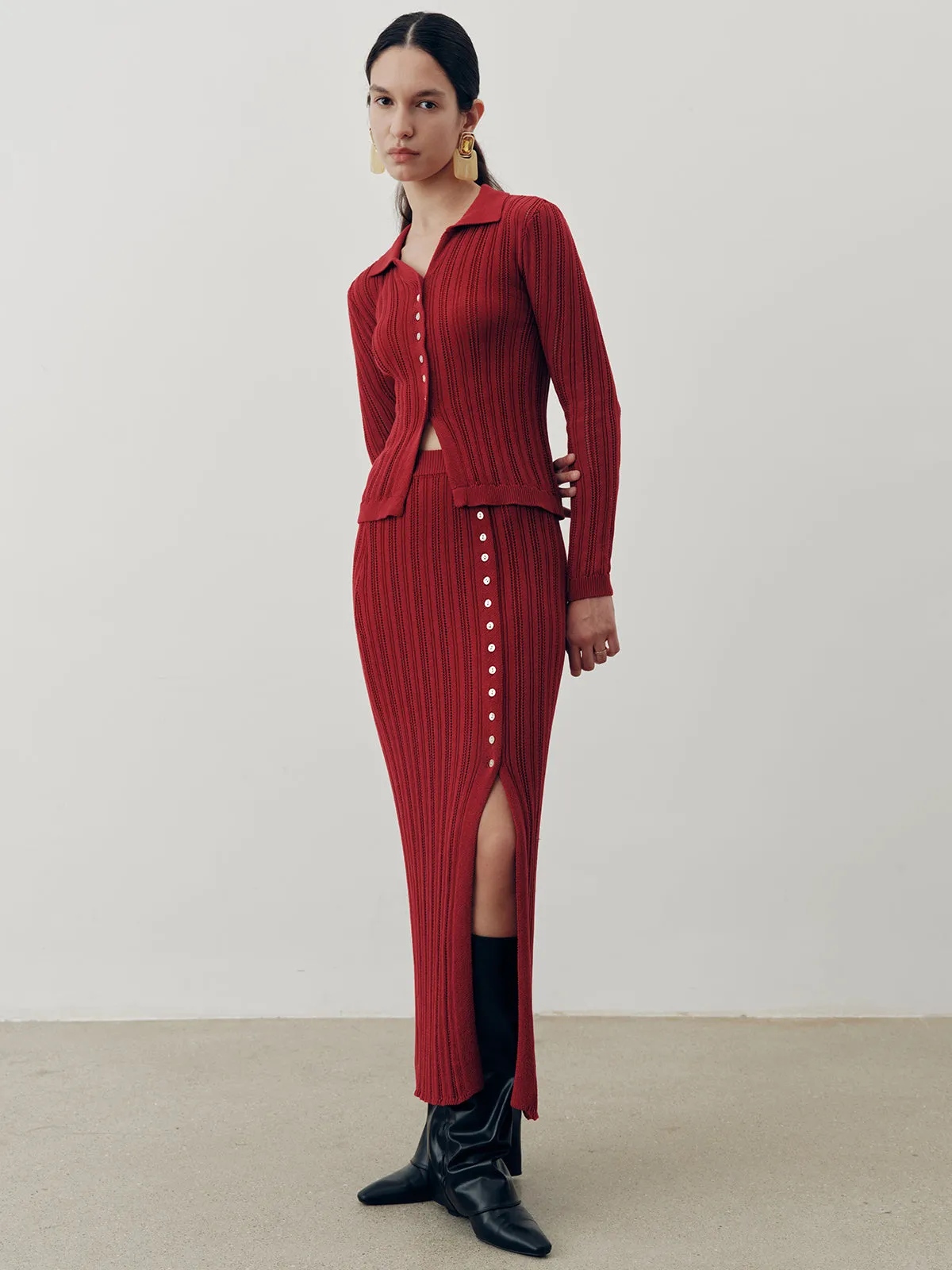 Collared Knit Top and Slit Skirt Set sold by COMMENSE product image thumbnail 5