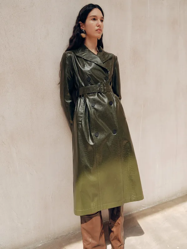Gradient Double-Breasted Belted PU Leather Coat sold by COMMENSE