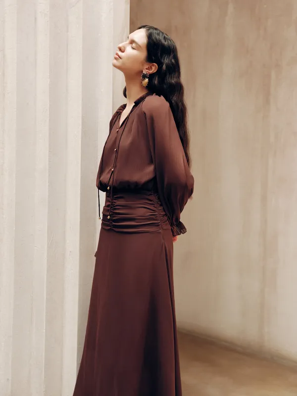 Tie-Neck Ruched Chiffon Maxi Dress sold by COMMENSE