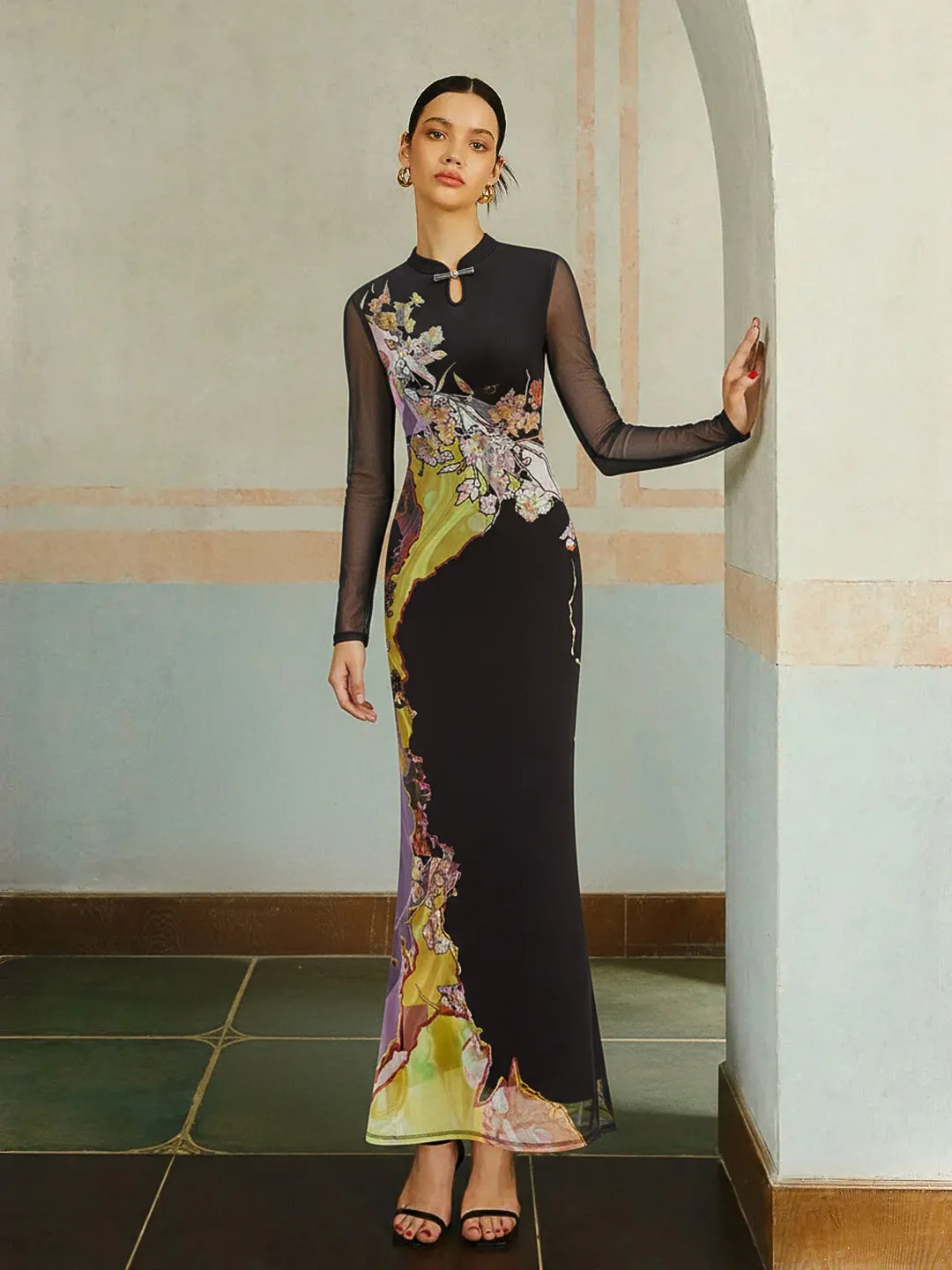 Mesh Long Sleeve Floral Print Maxi Dress sold by COMMENSE