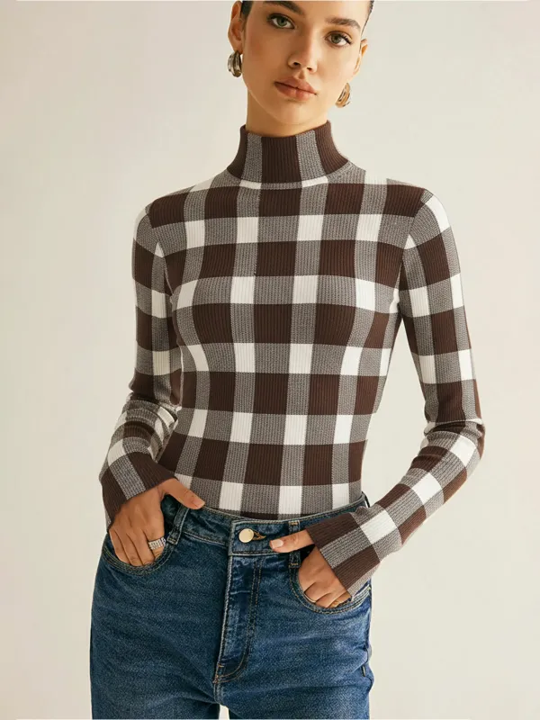 Checkered Wool-Blend Mock Neck Knit Top sold by COMMENSE